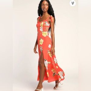 NWT Lulu’s Forever Floral Orange Floral Tie Strap slit maxi dress